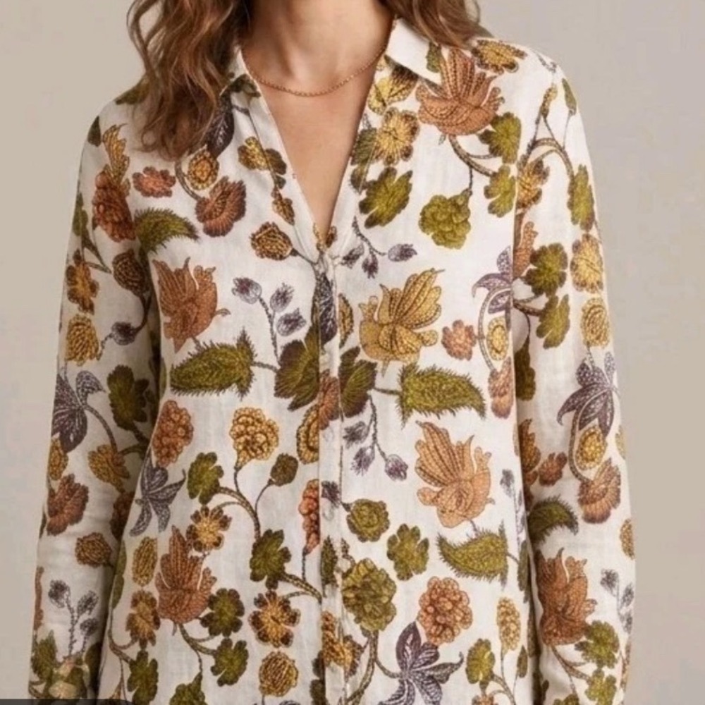 Nicole Miller New York 100% Linen Floral Button Down Shirt Olive Rust Medium